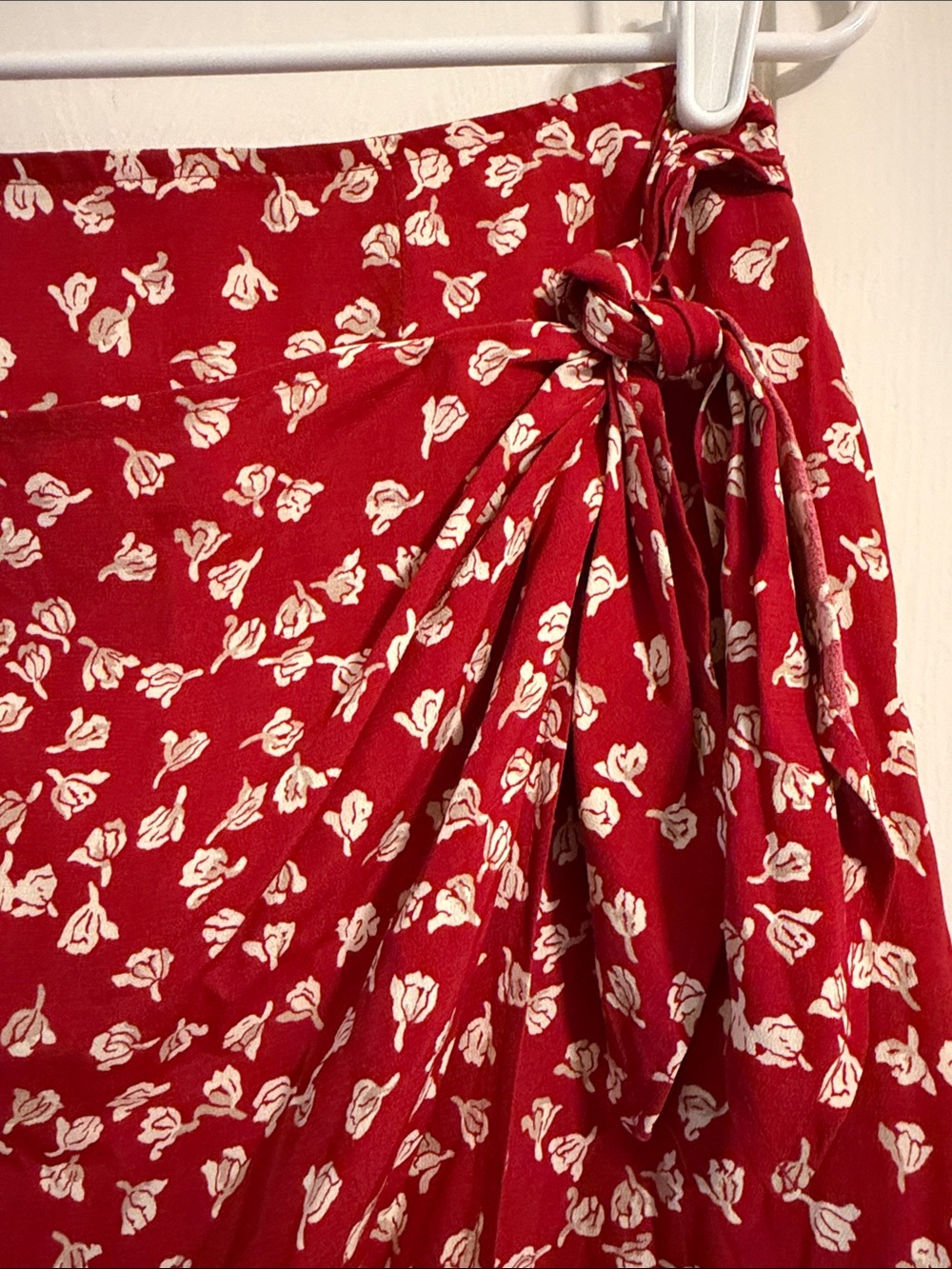 Maxi Faux-Wrap Boho Skirt, Tie at Waist, Zip in Back, Red & Cream, Multi-Season - Picture 3 of 9
